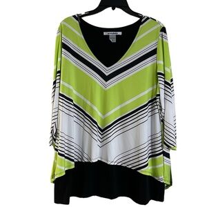 NYGARD Lime green, black white lined V neck top. Size Petite Large. NWT